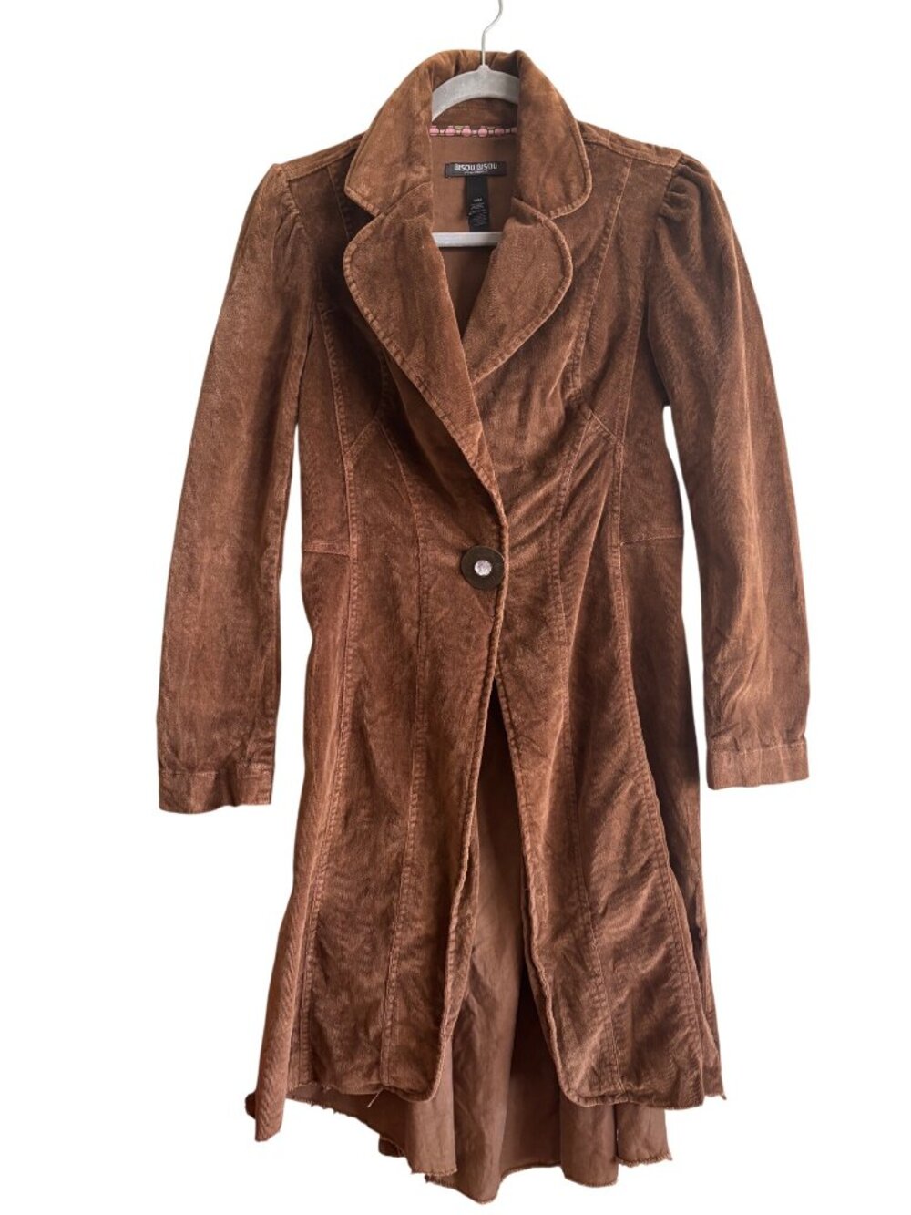 Vintage Y2K Bisou Bisou Fine Wale Corduroy Raw Hem Long Trench Jacket Brown - Picture 9 of 12